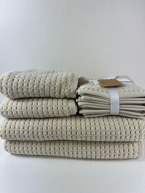 Ecoexistence Oversized Bath Towel Set Tan Waffle Cotton Quick Dry Set of 8 NEW